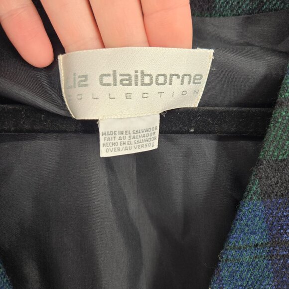 Liz Claiborne size 4 green blue Tartan plaid 3 button long blazer wool blend - Picture 3 of 13